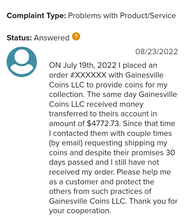 Gainesville coins bbb complaint 1