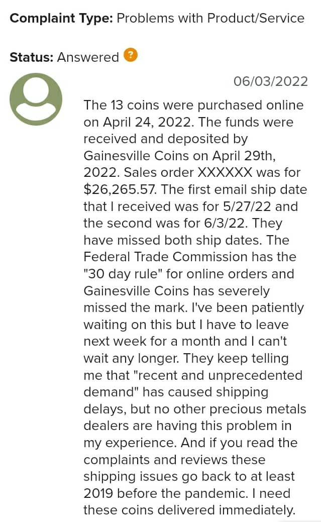 Gainesville coins bbb complaint 3